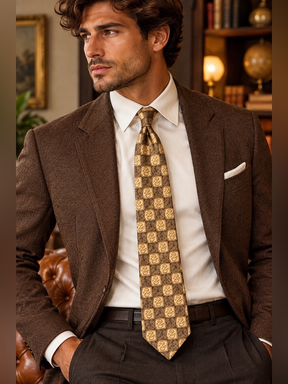 Guess Brown and Gold Checkerboard Silk Tie